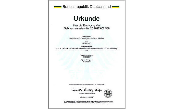 Gebrauchsmusterschutz für Brandlast- und Rauchgas optimierte Monitore